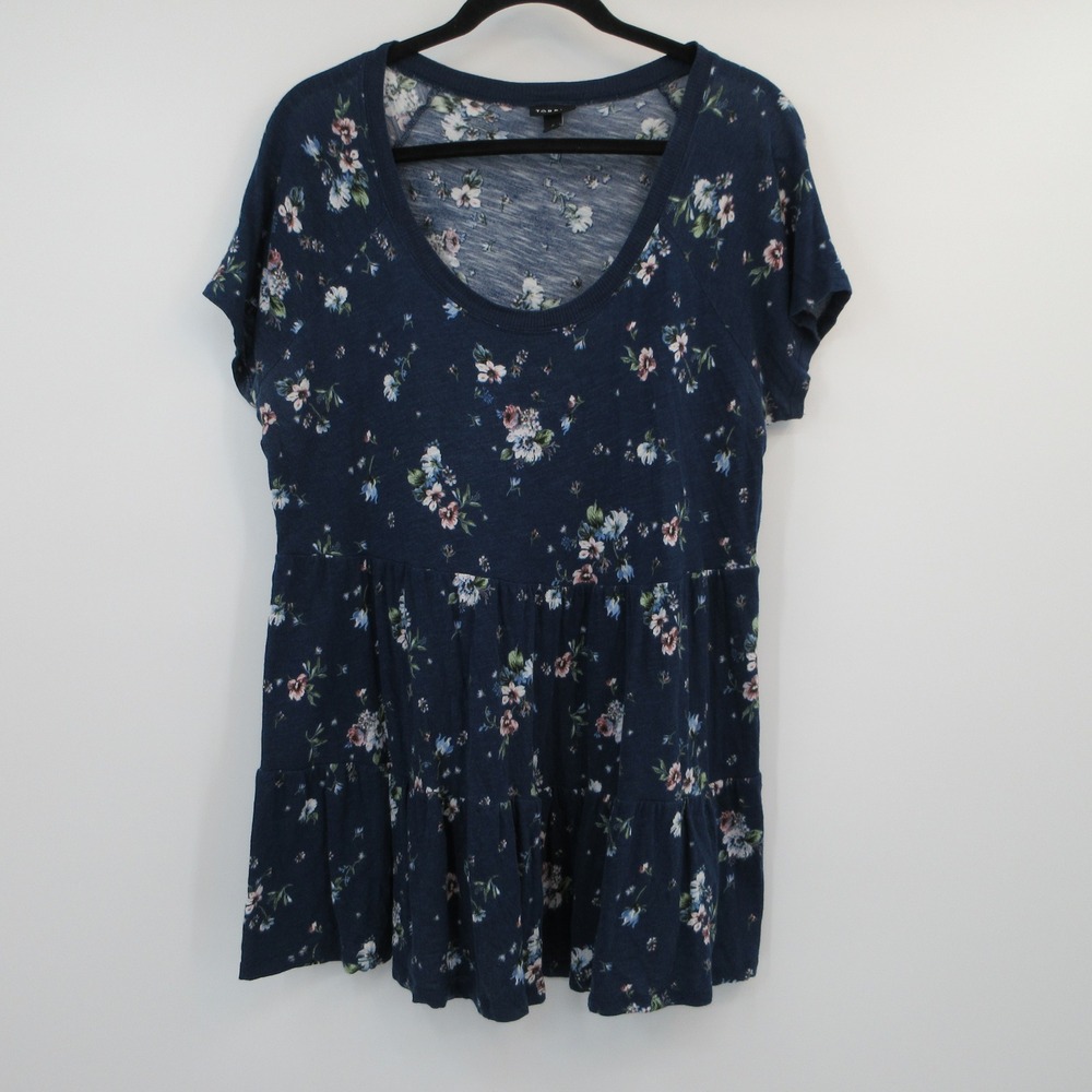 Torrid Navy Blue Floral Tiered Babydoll Top Short Sleeve Scoop Neck Size Large